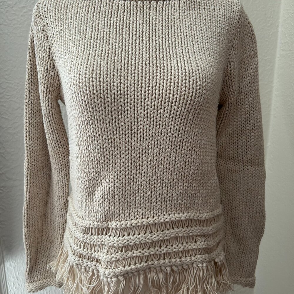 Ann Taylor Loft Women's Beige Knit Cotton Sweater with Fringe at Hem, Size S